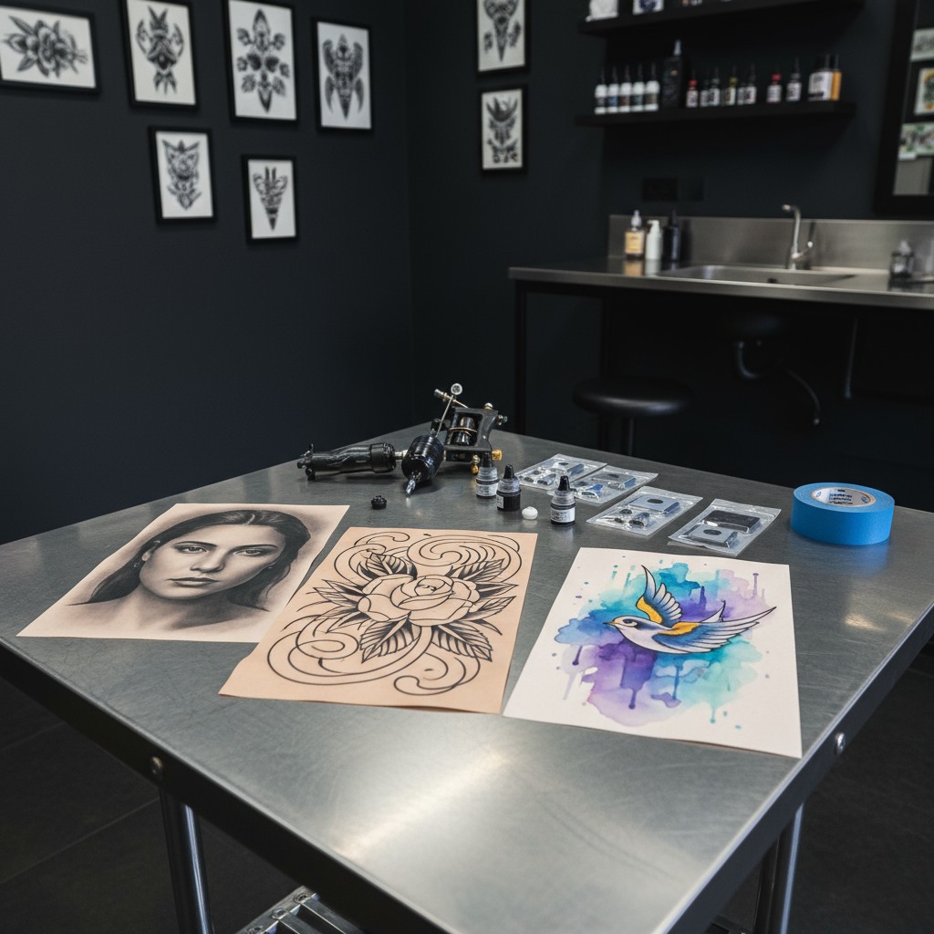 A metal table in a tattoo parlor, with tattoo equipment, artwork, and other supplies on it. The table is made of silver me...