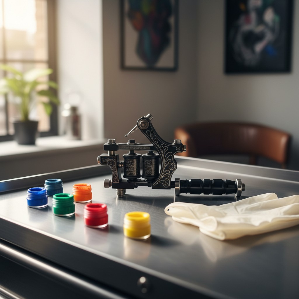 A tattoo machine and ink caps on a metal table, with a glove and artwork in the background.