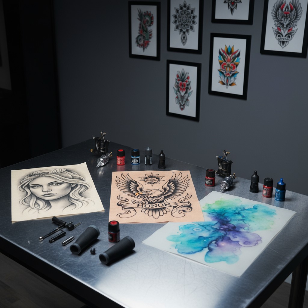 A metal table with various tattoo equipment and supplies, including a sketch of a woman's face, a printed design with an e...