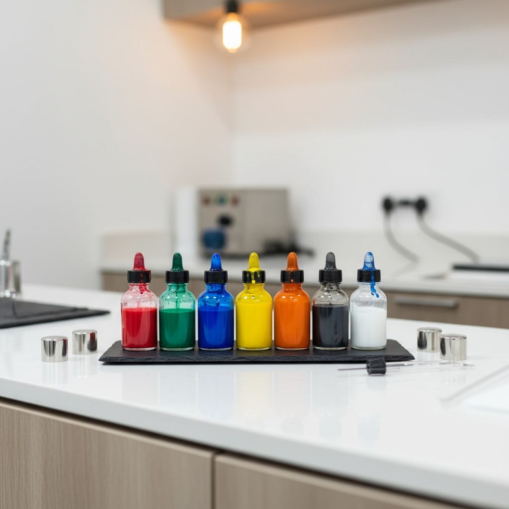 A row of seven bottles containing various colors of ink.