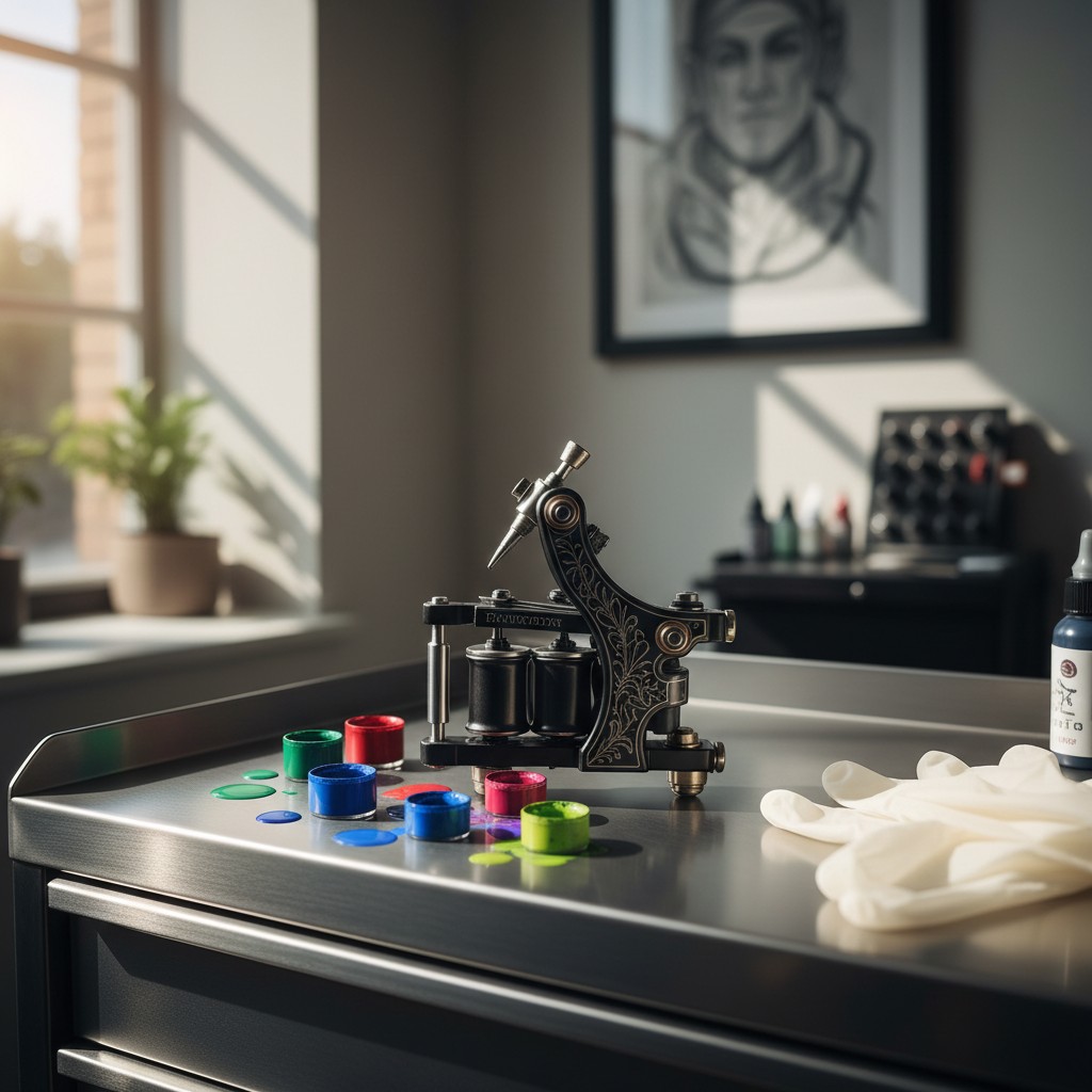 A tattoo machine sits on a table with ink caps and gloves nearby, suggesting preparation for a tattoo session.