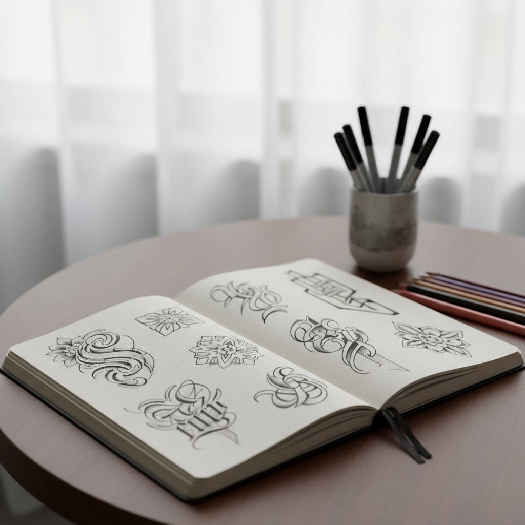 The opened sketchbook (Left) displays an assortment of decorative line drawings, while the book on the right remains blank...