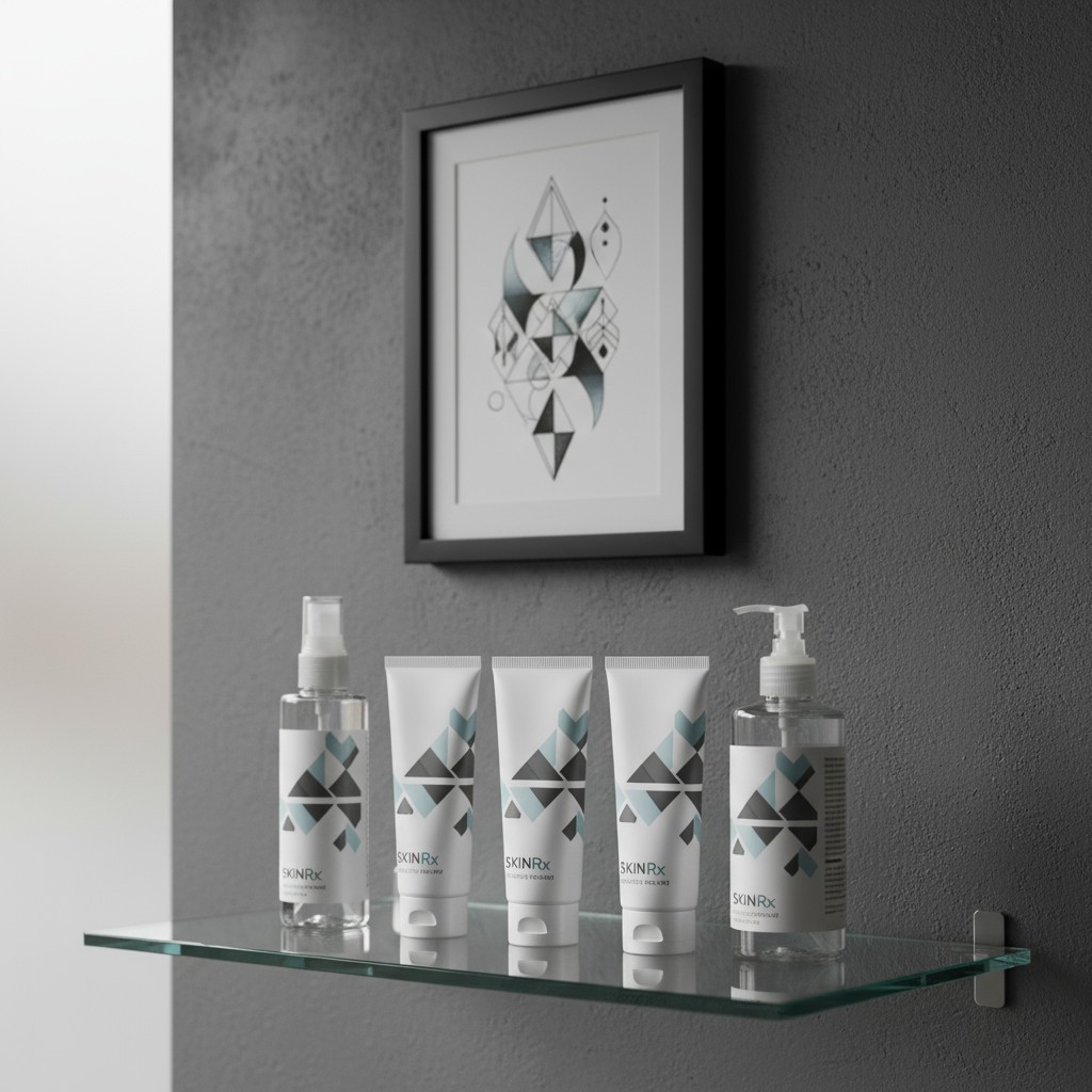 Here is the alt text for the image: Five white skincare products with geometric designs in shades of gray and blue on the ...